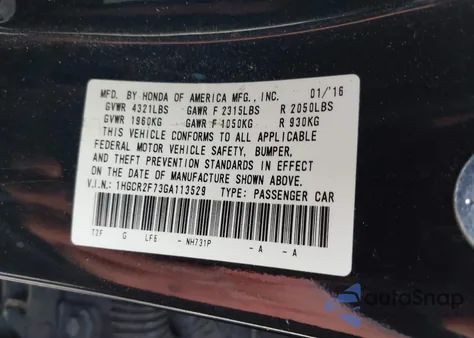 2016 Honda Accord Ex from USA, damaged, VIN 1HGCR2F73GA113529